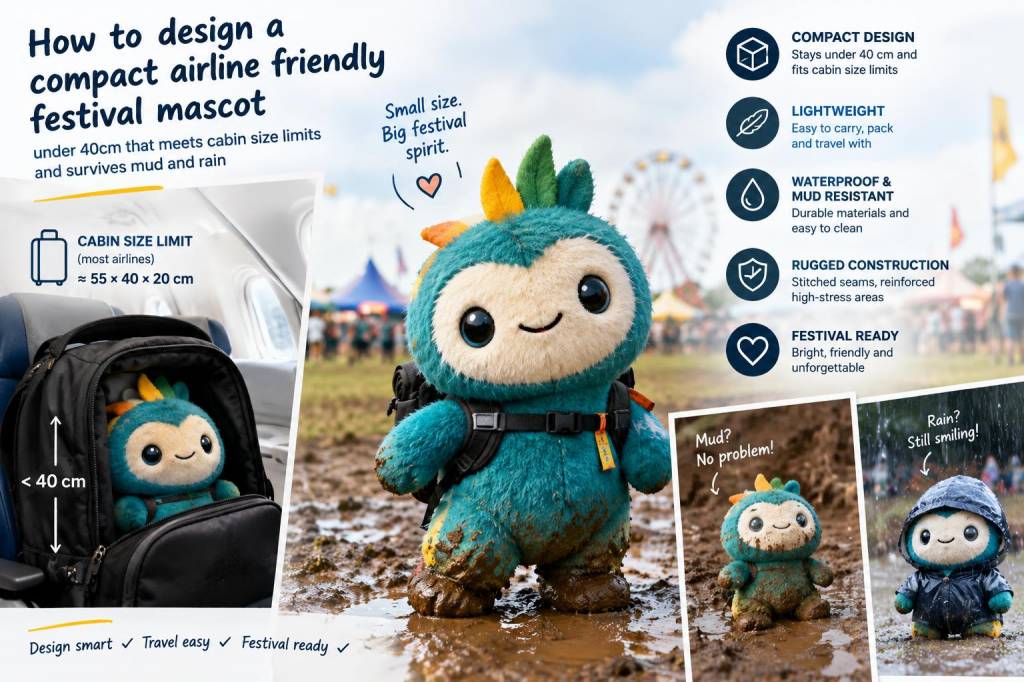 How to design a compact, airline-friendly festival mascot under 40cm that meets cabin size limits and survives mud and rain