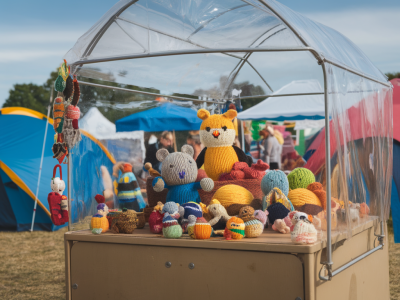 Which portable display setups keep knitted toys safe and visible on rainy festival days?