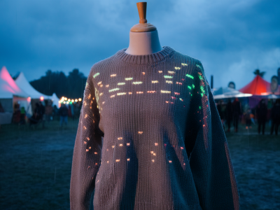 Which microdisplay lighting setup highlights textured knit stitches on rainy festival evenings