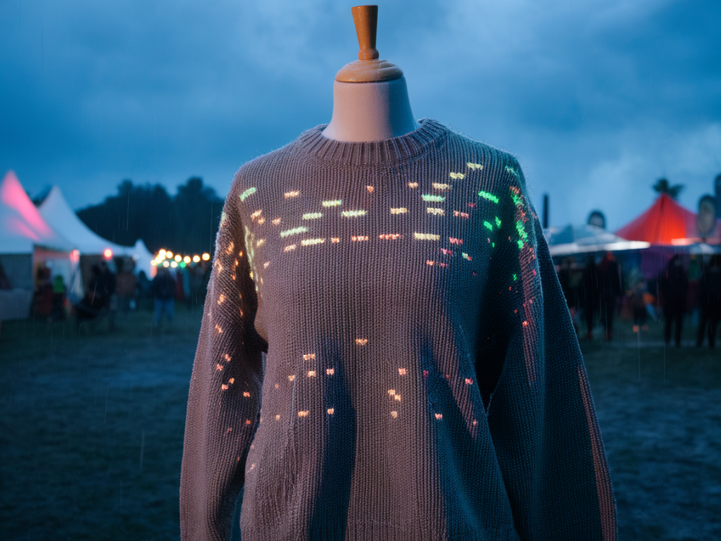 Which microdisplay lighting setup highlights textured knit stitches on rainy festival evenings