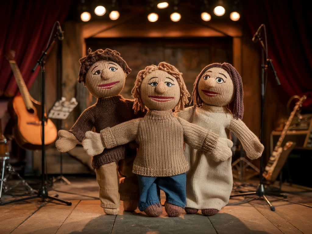how to adapt a 10-minute knitted puppet set to an acoustic folk stage with limited mic gear