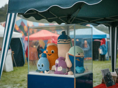 Which lightweight display cases keep delicate knitted characters safe on rainy festival days without hiding them