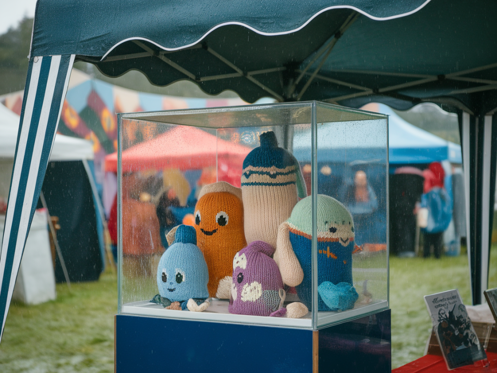 Which lightweight display cases keep delicate knitted characters safe on rainy festival days without hiding them