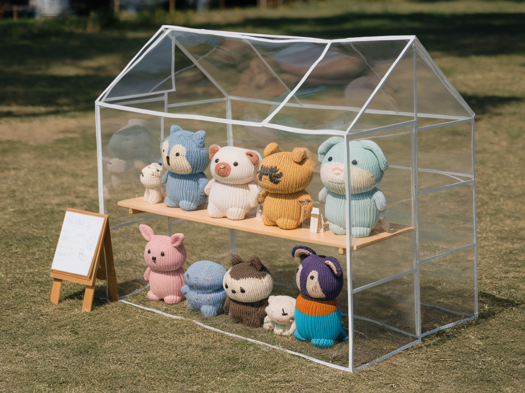 How do i design a foldable festival display that protects knitted characters from rain and curious hands?