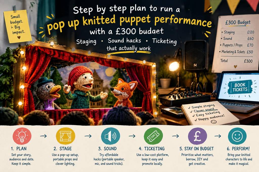 Step-by-step plan to run a pop-up knitted puppet performance with a £300 budget: staging, sound hacks and ticketing that actually work
