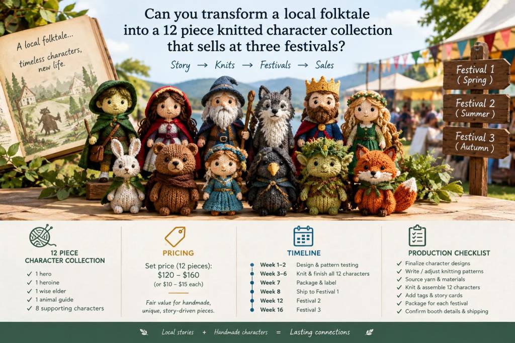 Can you transform a local folktale into a 12-piece knitted character collection that sells at three festivals? pricing, timeline and production checklist